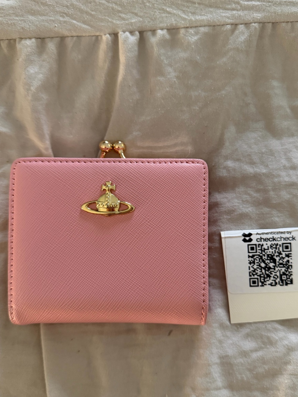 Vivienne Westwood Pink Saffiano Compact Wallet with Gold Orb